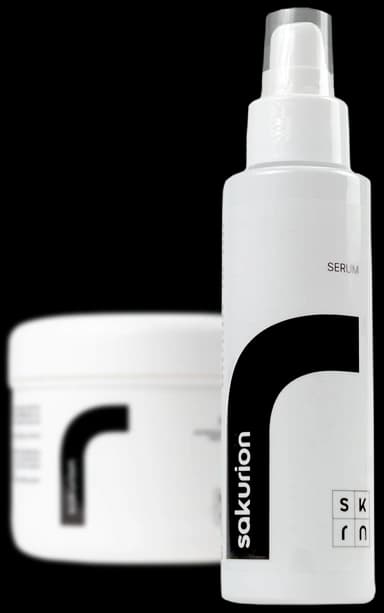SKRN — the Serum pump bottle carrying the r monogram, a white SKRN jar behind it.